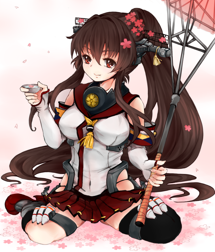 antennae black_legwear breasts brown_hair cup elbow_gloves flower gloves hair_ornament kantai_collection large_breasts long_hair miniskirt navel ponytail red_eyes single_thighhigh skirt smile solo sumyu_(chinpansha) thighhighs umbrella very_long_hair yamato_(kantai_collection)