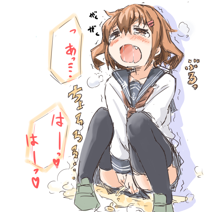 bad_id bad_pixiv_id black_legwear blush brown_eyes brown_hair collarbone covering covering_crotch darkside fang hair_ornament hairclip ikazuchi_(kantai_collection) kantai_collection long_sleeves open_mouth pee peeing peeing_self school_uniform short_hair skirt solo tears thighhighs