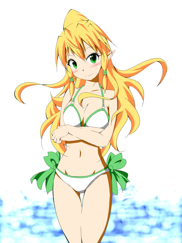bikini blonde_hair blush breasts cleavage green_eyes leafa long_hair looking_at_viewer medium_breasts navel o-ring o-ring_top pointy_ears ponytail solo spritepalette swimsuit sword_art_online thigh_gap