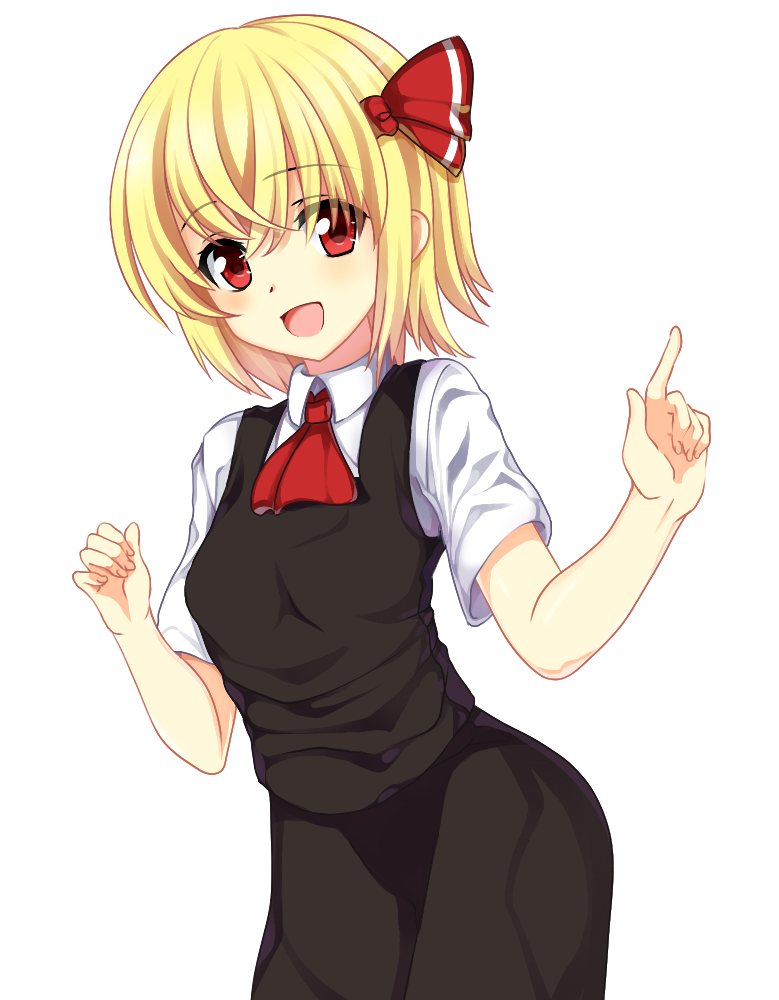 arms_up ascot blonde_hair fingernails hair_ribbon index_finger_raised looking_at_viewer open_mouth red_eyes ribbon rumia short_hair short_sleeves skirt skirt_set solo touhou transparent_background yabu_q