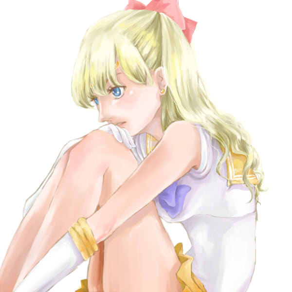 aino_minako alternate_hair_length alternate_hairstyle bishoujo_senshi_sailor_moon blonde_hair blue_eyes bow earrings hair_bow hand_on_own_knee jewelry long_hair looking_away may-chan_(rabit-eater) orange_sailor_collar parted_lips red_bow sailor_collar sailor_senshi_uniform sailor_venus serious simple_background sitting sleeveless solo stud_earrings white_background