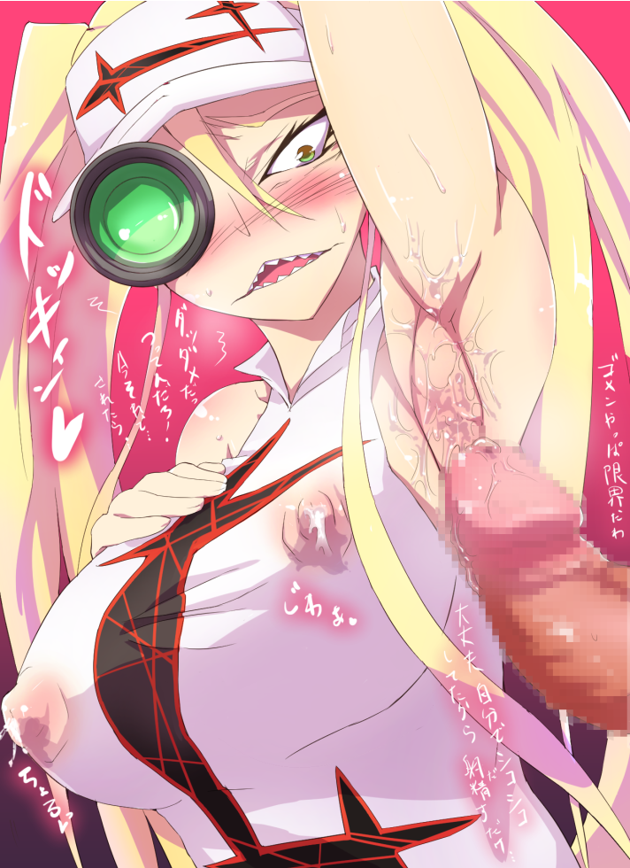 1girl armpit_sex armpits blonde_hair blush breasts censored covered_nipples green_eyes hakodate_omiko hetero kill_la_kill lactation lactation_through_clothes large_breasts large_penis long_hair looking_down mosaic_censoring open_mouth penis precum rei_oe saliva scope see-through sharp_teeth sleeveless solo_focus sweat teeth translation_request twintails visor_cap