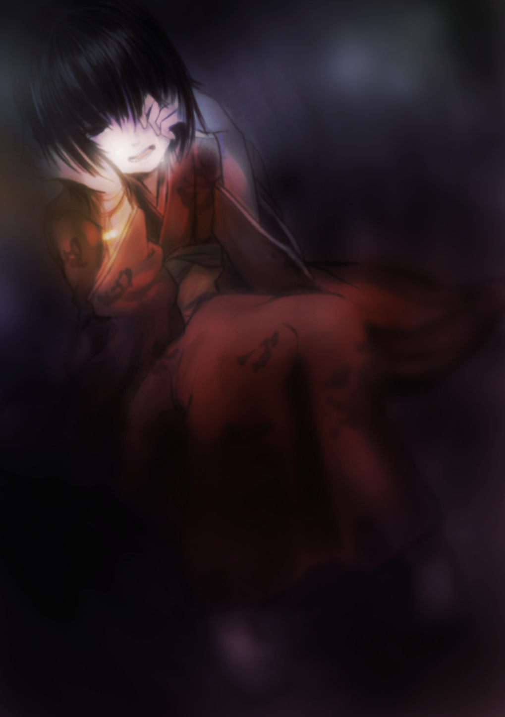 black_hair brown_eyes darkness fatal_frame fatal_frame_2 gauss_&lt;counting_on_more_blur highres japanese_clothes kimono long_sleeves obi open_mouth rattle sash short_hair solo tachibana_chitose tears wide_sleeves