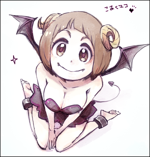 alternate_costume ankle_cuffs bare_legs bare_shoulders black_dress bob_cut breasts brown_eyes brown_hair cleavage dai_(mebae16) demon_girl demon_horns demon_tail demon_wings dress fangs from_above horns kill_la_kill large_breasts mankanshoku_mako short_hair sitting solo strapless strapless_dress tail wariza wings