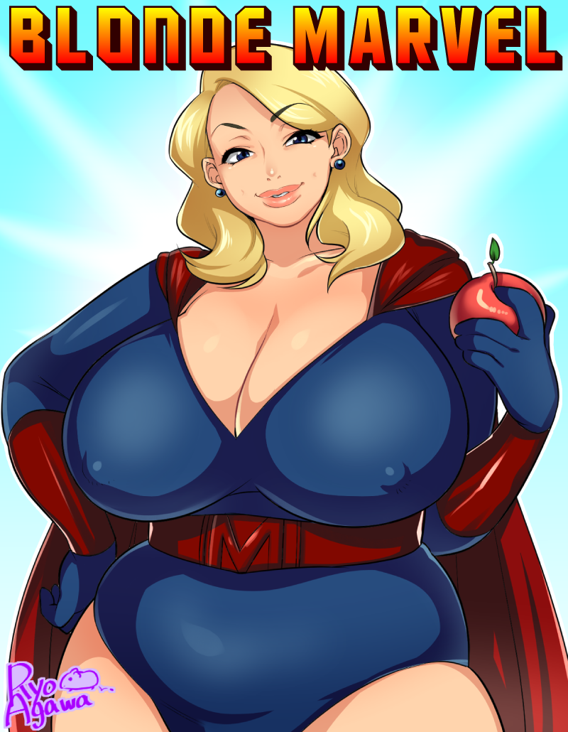 agawa_ryou blonde_hair breasts cape character_request cleavage erect_nipples fat food large_breasts milf plump smile