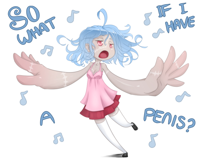 ahoge bad_deviantart_id bad_id blue_hair breasts chemise commentary dark_skin music original oversized_forearms oversized_limbs red_eyes rosalind_(whistle_frog) singing skirt small_breasts solo stitches thighhighs whistle_frog white_legwear zombie
