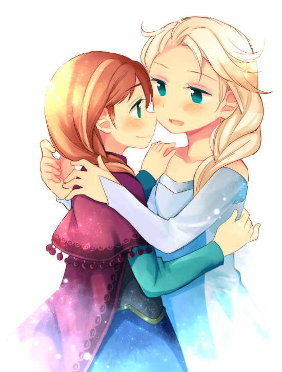 anna_(frozen) bad_id bad_pixiv_id blonde_hair blue_eyes blush braid capelet elsa_(frozen) eye_contact frozen_(disney) green_eyes hachiko_(hati12) hug long_hair looking_at_another multiple_girls open_mouth orange_hair siblings simple_background sisters smile