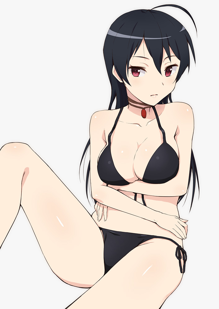 ahoge bare_shoulders bikini black_bikini black_hair breasts choker chuunibyou_demo_koi_ga_shitai! cleavage hashi large_breasts long_hair looking_at_viewer midriff red_eyes shiny shiny_skin side-tie_bikini simple_background sitting solo swimsuit takanashi_touka