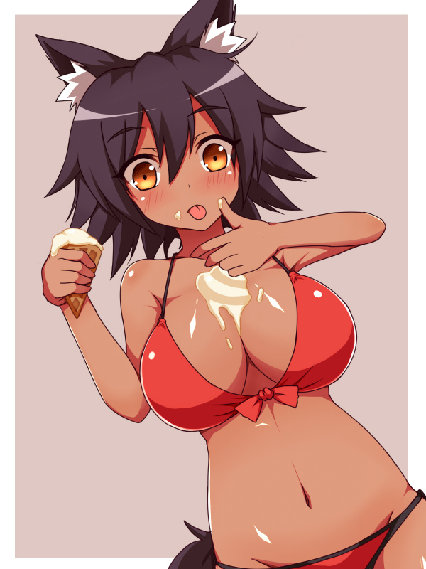 animal_ears bad_id bad_pixiv_id bikini black_hair breasts brown_eyes dark_skin dog_ears food haniwagi_(hal) ice_cream large_breasts original short_hair solo spill swimsuit tail