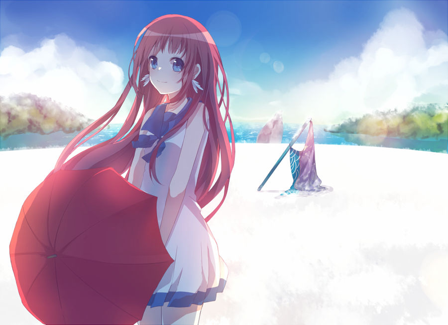 atsuki_(threemountain) blue_eyes brown_hair dress flag long_hair mukaido_manaka nagi_no_asukara sailor_dress school_uniform serafuku umbrella