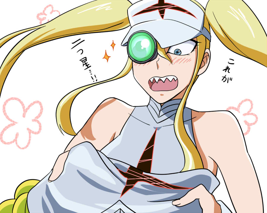 bad_id bad_pixiv_id blonde_hair blue_eyes blush folded_clothes hakodate_omiko kill_la_kill long_hair minmin-zemi_(lover_paradox) open_mouth scope sharp_teeth sleeveless solo teeth translation_request twintails visor_cap