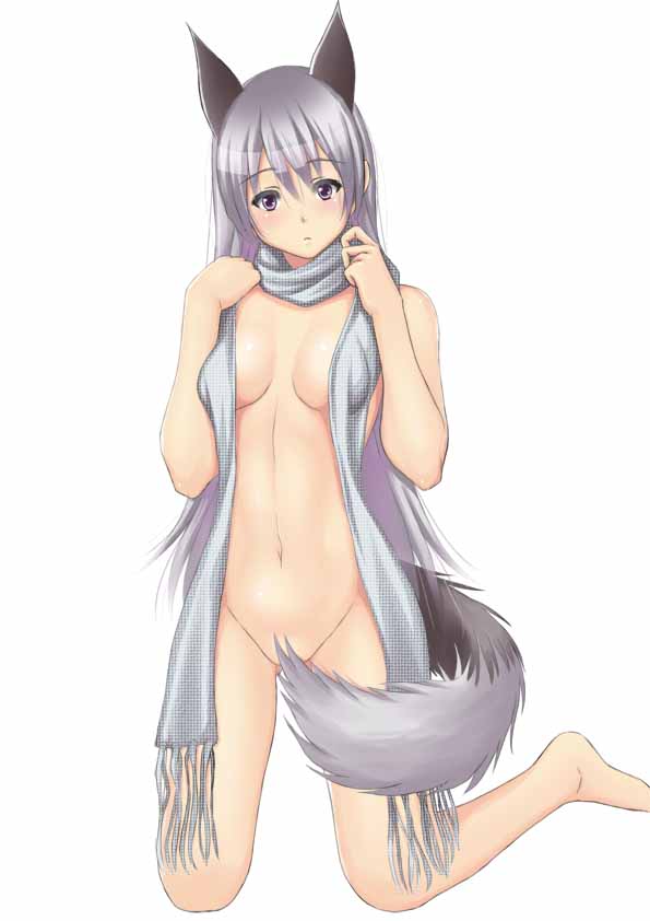 animal_ears covering covering_breasts covering_crotch eila_ilmatar_juutilainen grey_hair groin jpeg_artifacts kneeling long_hair muffin_(sirumeria) navel no_panties purple_eyes scarf solo strike_witches tail topless white_background world_witches_series