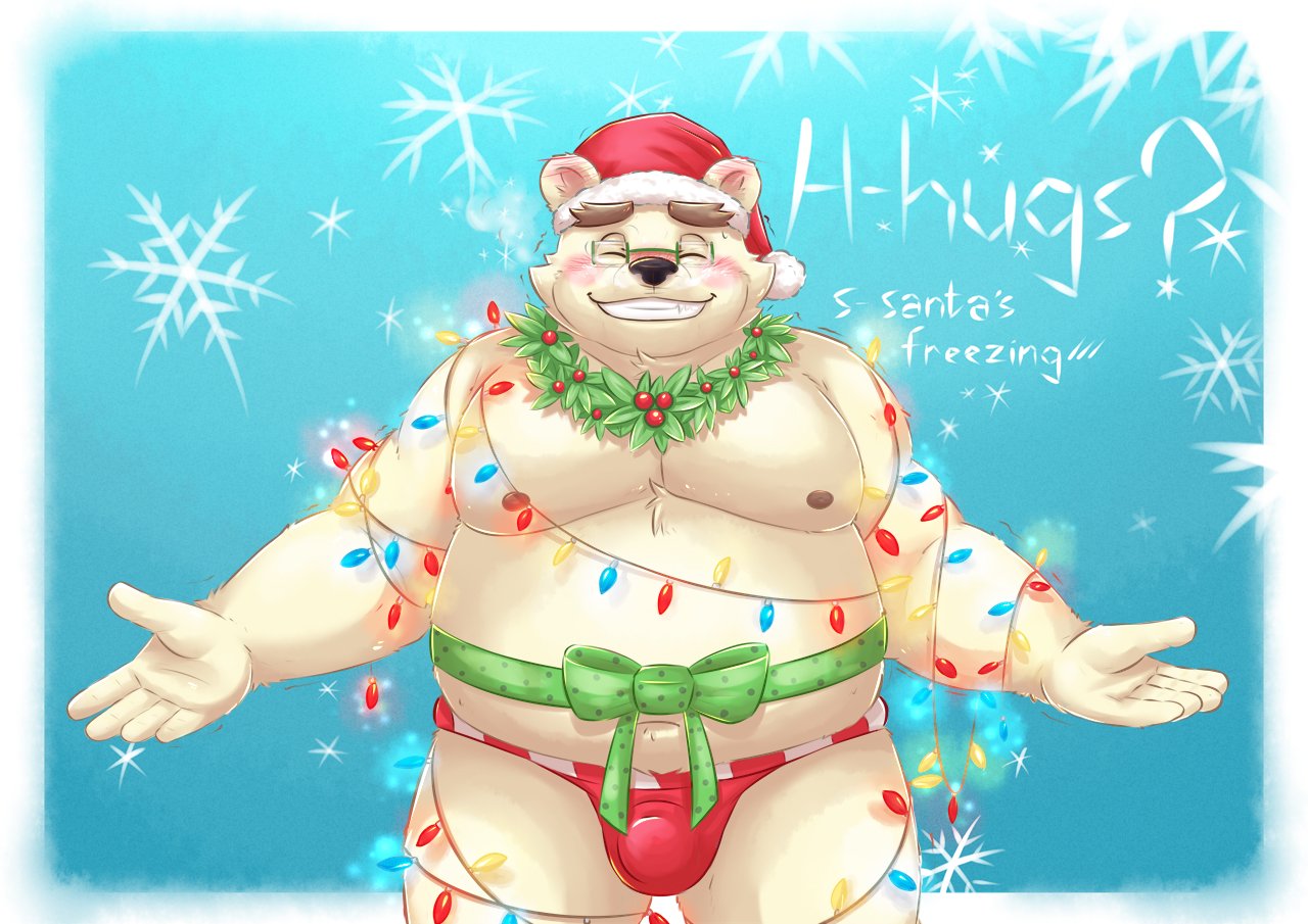 aotoaka bear belly blush bulge christmas christmas_lights clothing english_text eyewear glasses grin hat holidays male mammal nipples polar_bear rave_(tas) ribbons slightly_chubby smile speedo swimsuit text tokyo_afterschool_summoners wreath