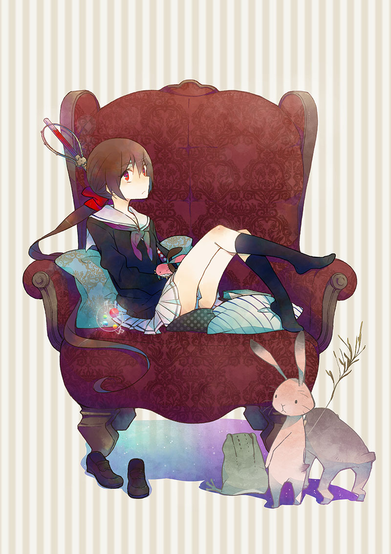 :/ animal black_legwear brown_hair bunny chair character_request cushion frog full_body hami_(lvct) kneehighs koto_(kyousougiga) kyousougiga loafers long_hair looking_at_viewer looking_back pleated_skirt ponytail red_eyes school_uniform serafuku shadow shirt shoes shoes_removed sitting skirt standing striped striped_background vertical-striped_background vertical_stripes very_long_hair