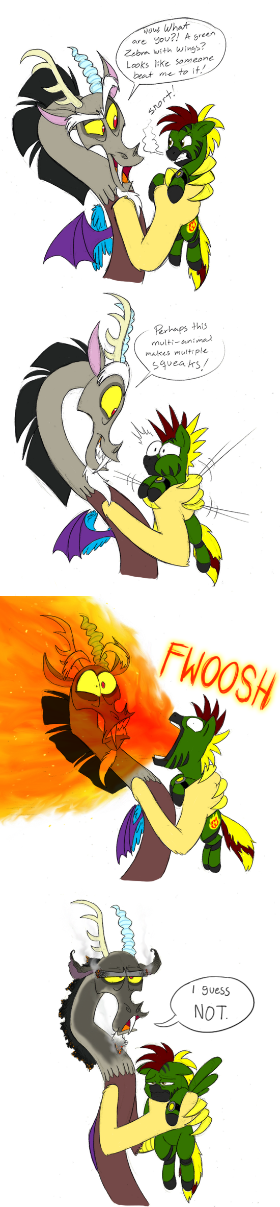 angry cute discord_(mlp) draconequus english_text equine feral fire friendship_is_magic horse male mammal mickeymonster my_little_pony original_character pegasus pony smile squeeze text wings