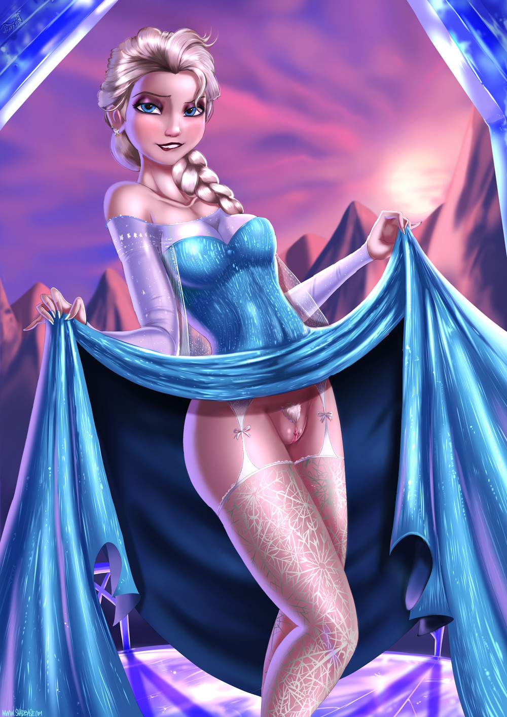 bare_shoulders biting blonde_hair blue_eyes braid breasts cleavage clitoris_piercing detached_sleeves dress dress_lift earrings elsa_(frozen) eyeshadow frozen_(disney) garter_straps highres jewelry lip_biting lipstick long_hair looking_at_viewer makeup nail_polish no_panties piercing pinky_out pubic_hair pussy see-through shadman solo thighhighs
