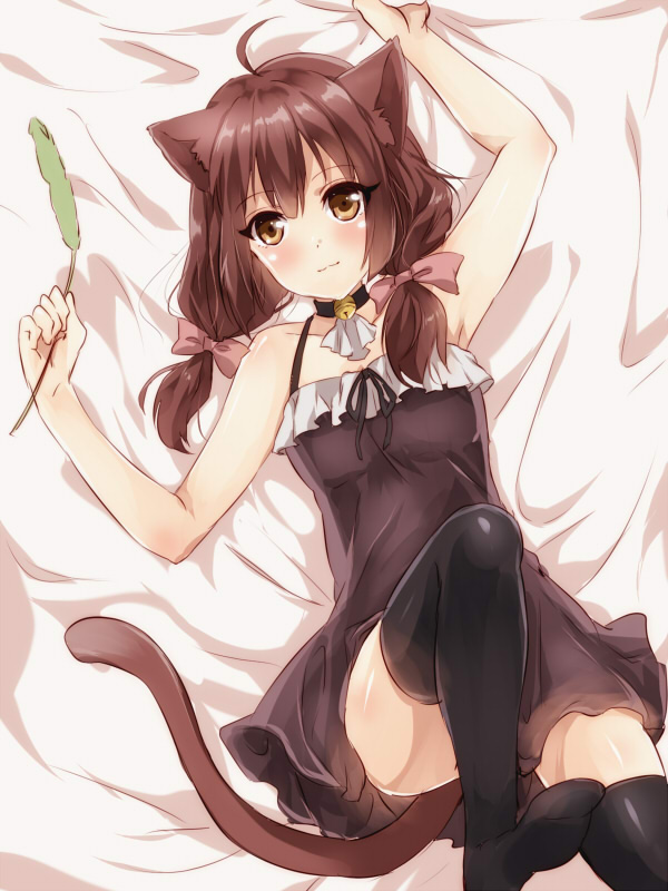 ahoge animal_ears bell bell_collar black_legwear blush bow brown_eyes brown_hair camisole cat_ears cat_tail cattail collar commentary hair_bow knee_up long_hair lying maruki_(punchiki) no_shoes on_back original plant solo tail thighhighs