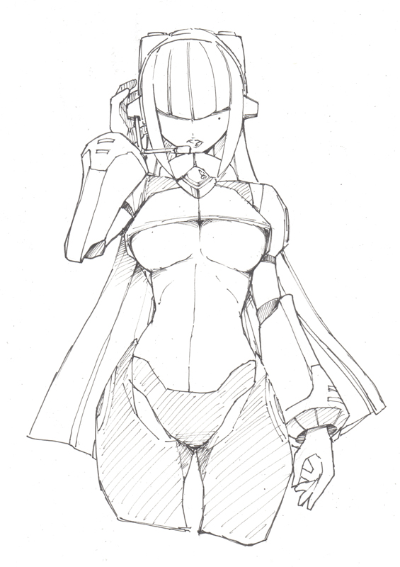 android aosa_(momikin) armor bangs blunt_bangs breasts cowboy_shot hair_over_eyes hand_on_headphones headset hips large_breasts layer long_hair mole mole_under_eye monochrome parted_lips rockman rockman_x rockman_x8 simple_background sketch solo underboob very_long_hair white_background