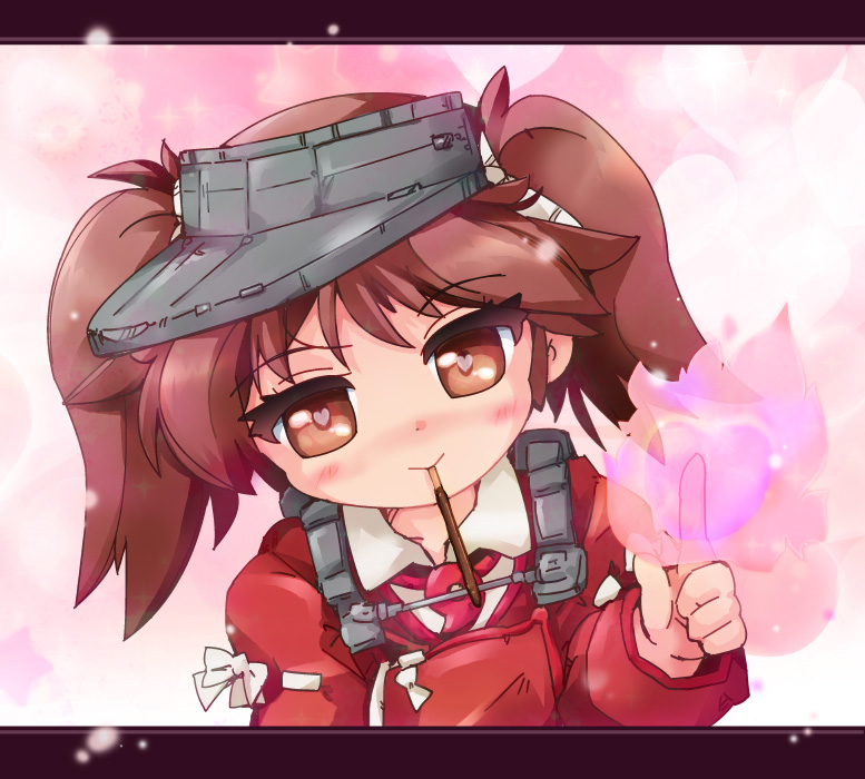 bad_id bad_pixiv_id blush brown_eyes brown_hair food heart heart-shaped_pupils kantai_collection letterboxed looking_at_viewer mouth_hold pocky ryuujou_(kantai_collection) short_hair smile solo symbol-shaped_pupils twintails visor_cap zipang_(zip@ng_works)