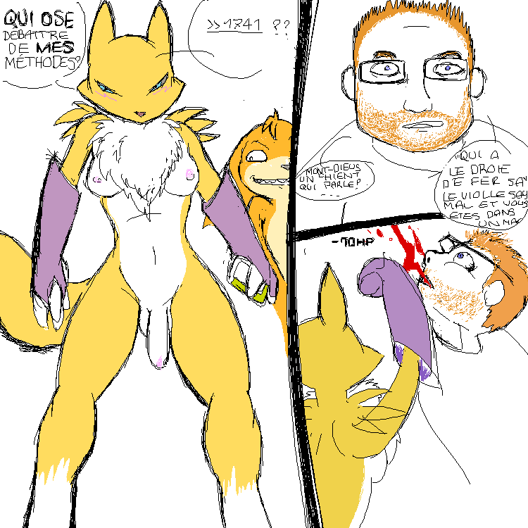blood blue_eyes breasts chest_tuft darkdoomer dickgirl digimon french_text fur gloves hair human intersex mammal micka navel nipples patachu penis punch renamon text translation_request tuft white_fur