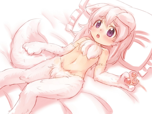 animal_ears bed blush flat_chest furry lying navel nude on_back paws purple_eyes solo tail ueno_musashi