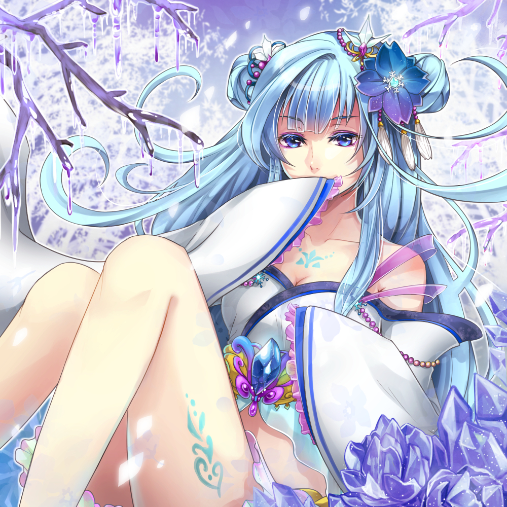 bad_id bad_pixiv_id bangs bare_shoulders beads blue_eyes blue_hair blunt_bangs breasts chest_tattoo cleavage colored_eyelashes covering_mouth double_bun eyeliner eyeshadow feathers flipped_hair floral_print frills gradient hair_feathers hair_intakes hair_ornament hand_over_own_mouth ice japanese_clothes leg_tattoo legs long_hair long_sleeves looking_at_viewer makeup mamo_(fortune-mm) medium_breasts midriff off_shoulder original outline see-through sitting sleeves_past_wrists snowflake_hair_ornament solo tattoo transparent tree wide_sleeves yuki_onna