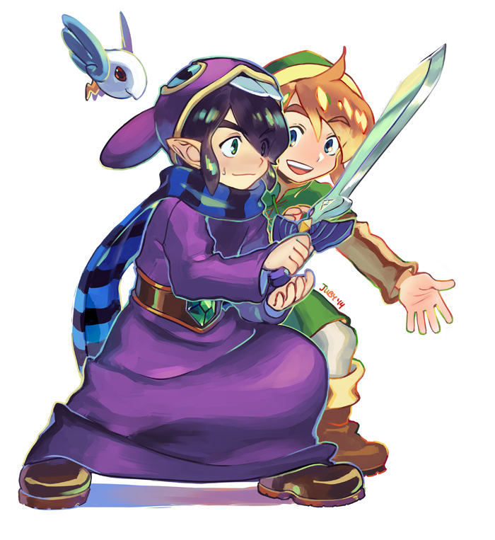 artist_name belt bird black_hair blue_eyes boots brown_hair cloak green_eyes hood hooded_cloak juby link master_sword multiple_boys pointy_ears ravio scarf sidelocks smile spoilers sword the_legend_of_zelda the_legend_of_zelda:_a_link_between_worlds weapon white_background