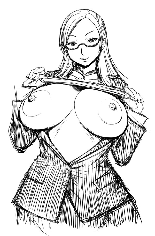 baker_(gundam_bf) blazer breasts breasts_out breasts_outside formal glasses gundam gundam_build_fighters huge_breasts kokuryuugan large_breasts monochrome nipples office_lady semi-rimless_glasses suit