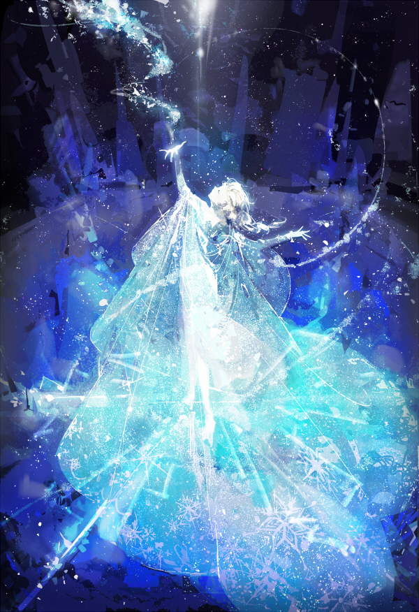 blonde_hair blue_dress braid dress elsa_(frozen) frozen_(disney) ice magic rella single_braid snow snowflakes solo
