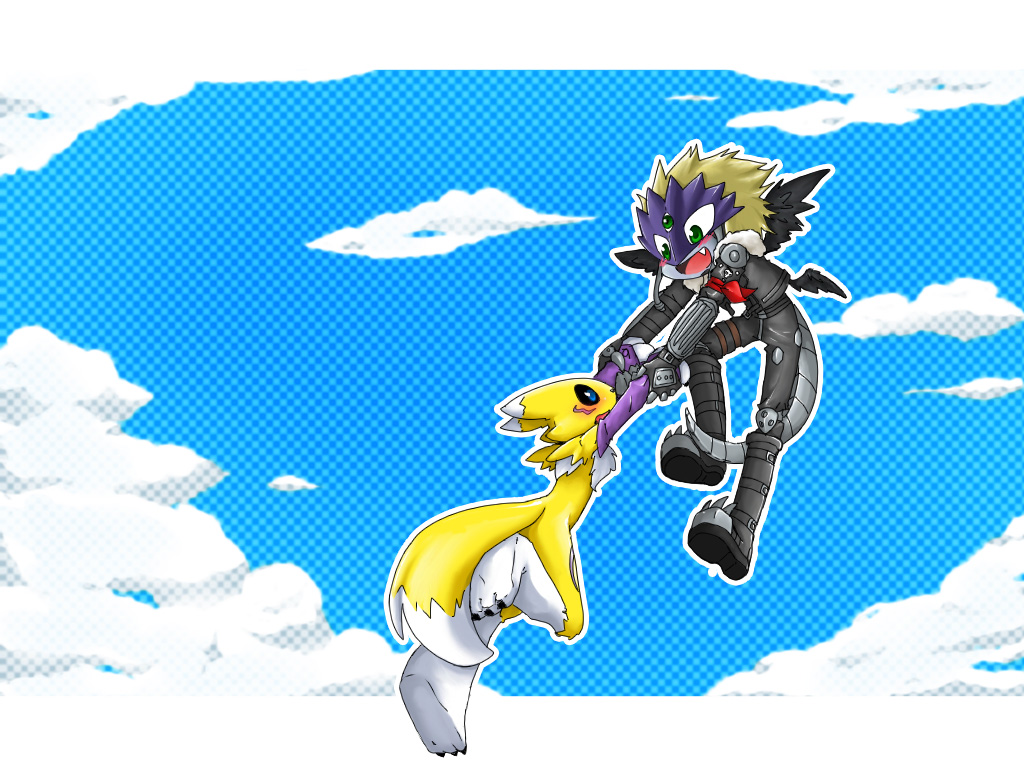 black_sclera blue_eyes chest_tuft clothed clothing cloud digimon facial_markings flying fur hand_holding markings open_mouth renamon takao-hikari tuft white_fur yellow_fur