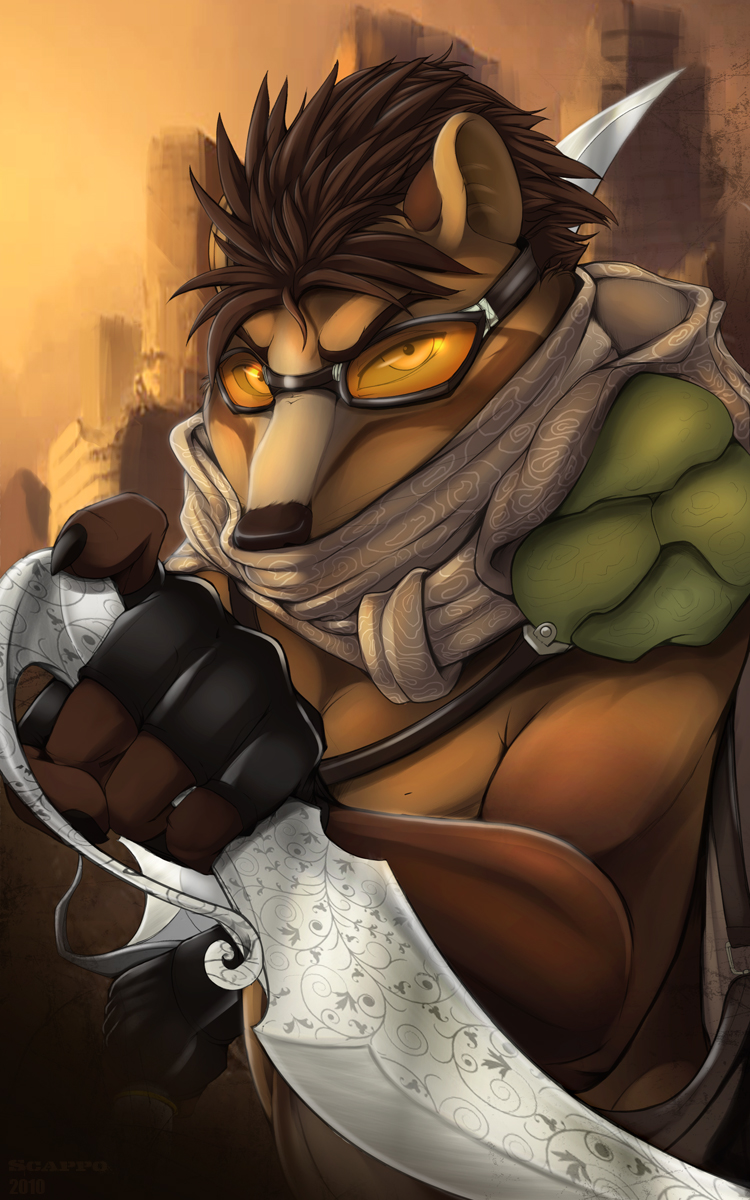 black_claws blade brown_fur civet claws eyewear face_mask fingerless_gloves fur gloves goggles gripping looking_at_viewer male mask muscles scappo topless yellow_fur