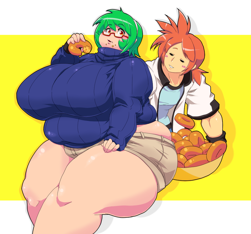 1boy 1girl borrowed_character breasts doughnut emerald_(sprite37) fat food gigantic_breasts glasses green_hair marx_(sprite37) red_eyes red_hair squarewave thick_thighs thighs
