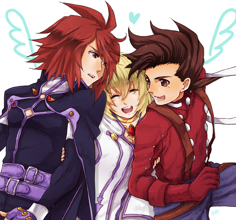 2boys blonde_hair brown_hair collet_brunel heart kratos_aurion lloyd_irving matano_maya multiple_boys red_hair red_shirt shirt smile tales_of_(series) tales_of_symphonia