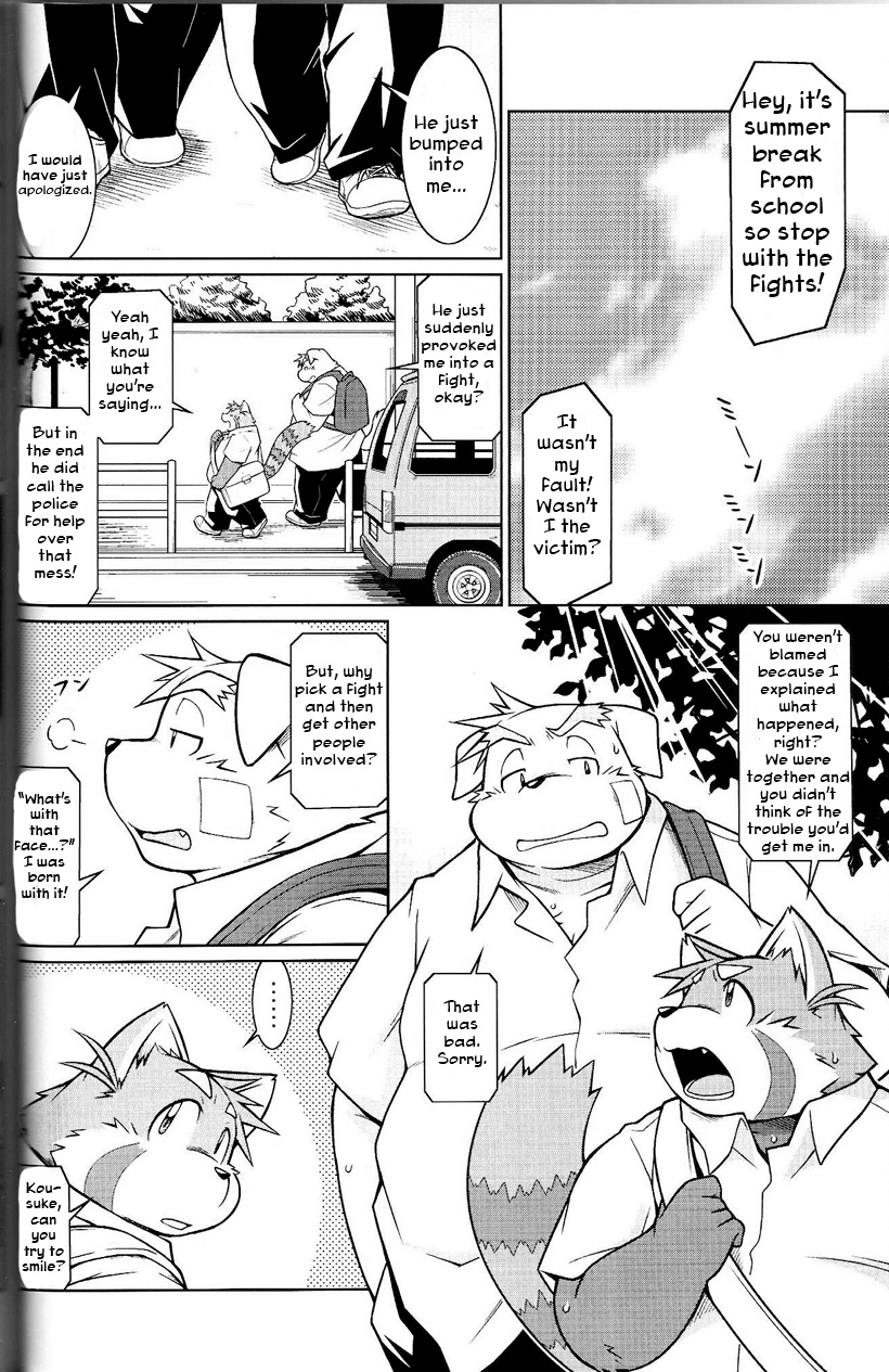 canine chubby comic dog english_text futaba_kotobuki greyscale male mammal monochrome namihira_kousuke outside red_panda takaki_takashi text