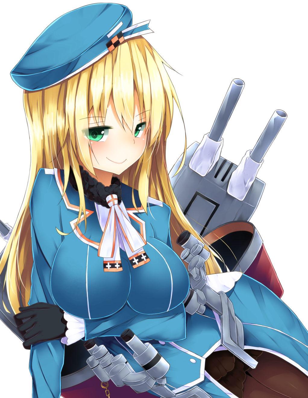 atago_(kantai_collection) blonde_hair breasts cannon fur_trim green_eyes hat highres kantai_collection large_breasts long_hair long_sleeves mizushina_minato pantyhose smile solo turret weapon white_background
