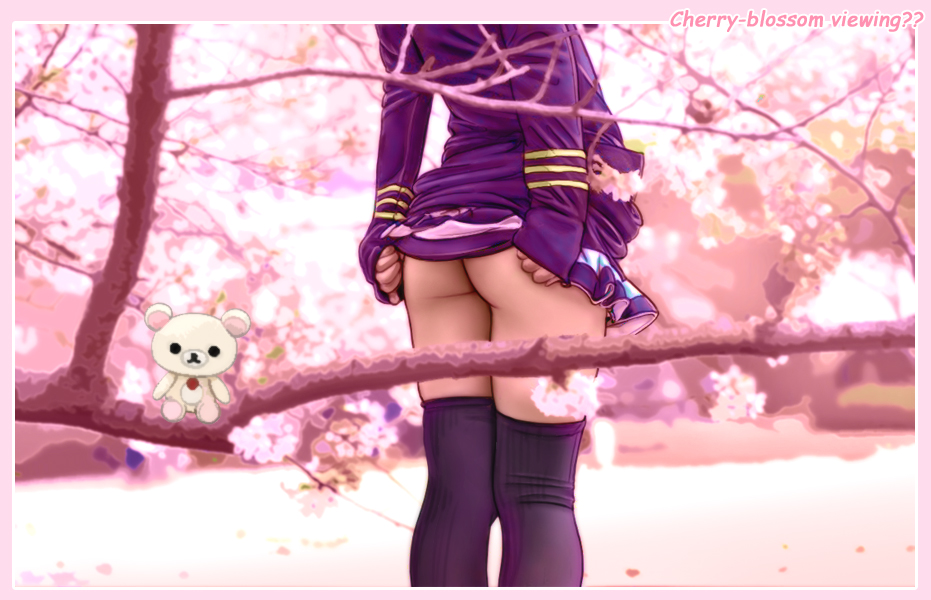 ass black_legwear branch cherry_blossoms commentary_request dacchan derivative_work english original realistic skirt skirt_lift sleeves_past_wrists solo stuffed_animal stuffed_toy sweater teddy_bear thighhighs