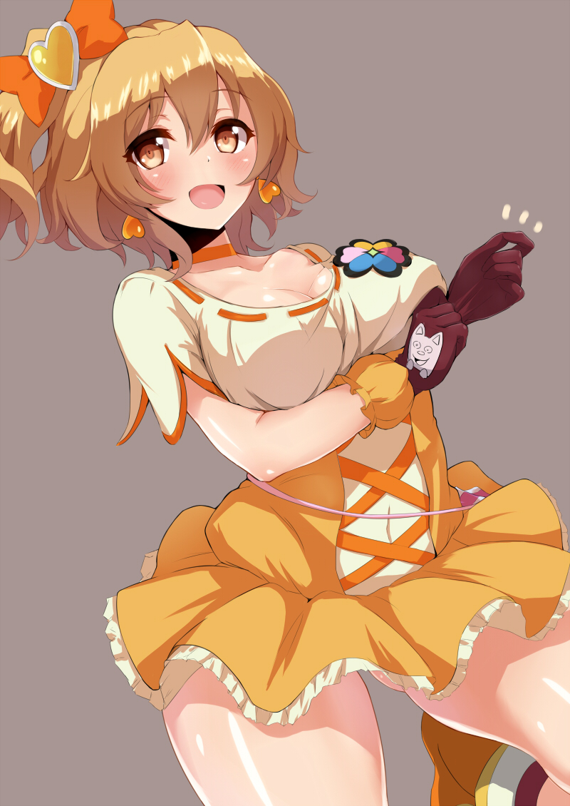 avy417 bad_id bad_pixiv_id blush breasts brown_eyes brown_hair choker cleavage cure_pine earrings fresh_precure! gloves jewelry large_breasts magical_girl open_mouth orange_choker precure ribbon-trimmed_clothes ribbon_trim shiny shiny_skin simple_background solo thighs yamabuki_inori