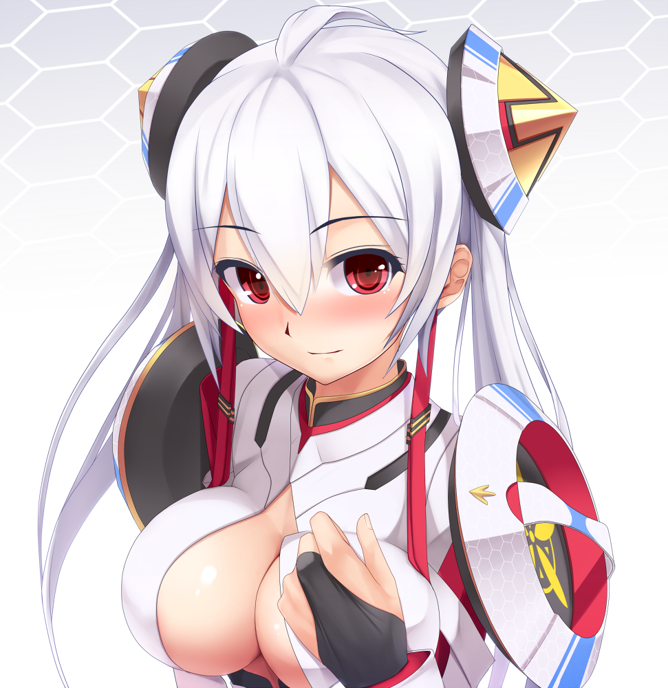 bangs blush breasts cleavage cleavage_cutout eto eyebrows_visible_through_hair hair_ornament large_breasts long_hair looking_at_viewer matoi_(pso2) phantasy_star phantasy_star_online_2 red_eyes silver_hair solo