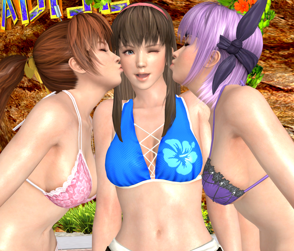 3d 3girls ayane ayane_(doa) dead_or_alive hitomi hitomi_(doa) kasumi kasumi_(doa) kiss multiple_girls siblings sisters swimsuit