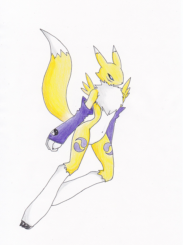 black_sclera blue_eyes chest_tuft claws digidredg digimon facial_markings fur gloves markings navel renamon tuft white_fur