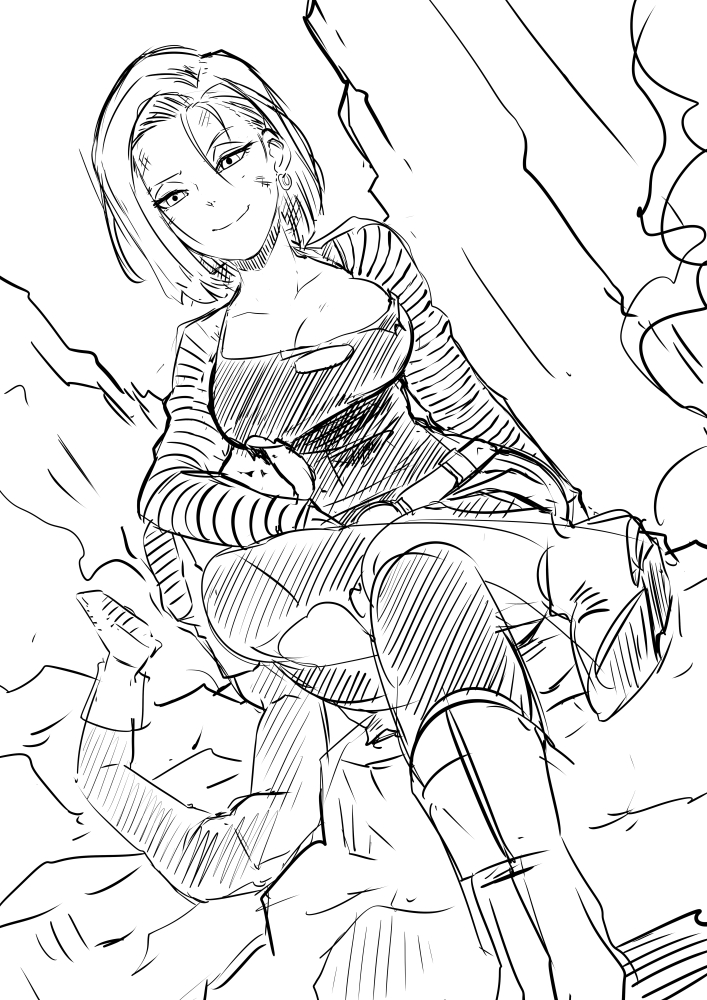 android_18 bangs breasts bruise butcha-u cleavage commentary_request crossed_legs dragon_ball dragon_ball_z dutch_angle earrings greyscale hoop_earrings injury jewelry large_breasts monochrome pantyhose short_hair sitting smile solo_focus swept_bangs torn_clothes torn_legwear