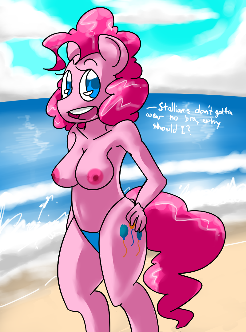 animal_ears anthro anthrofied blue_eyes breasts cutie_mark english_text equine female friendship_is_magic hair horse long_hair mammal my_little_pony nipples open_mouth pinkie_pie_(mlp) pony smile snorgastic solo text