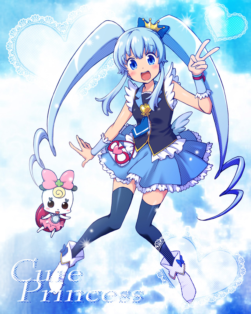ayami_chiha blue_eyes blue_hair blue_skirt boots bow character_name crown cure_princess hair_ornament happinesscharge_precure! jewelry long_hair magical_girl open_mouth pink_bow precure ribbon_(happinesscharge_precure!) shirayuki_hime skirt smile thighhighs twintails v wrist_cuffs