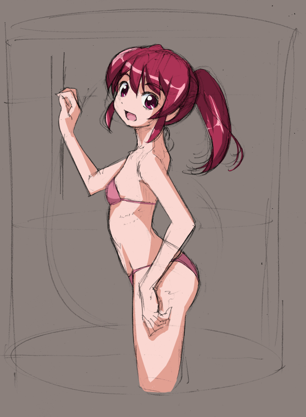 aino_megumi bikini brown_background happinesscharge_precure! looking_at_viewer open_mouth ponytail precure red_eyes red_hair rohitsuka short_hair sketch solo swimsuit
