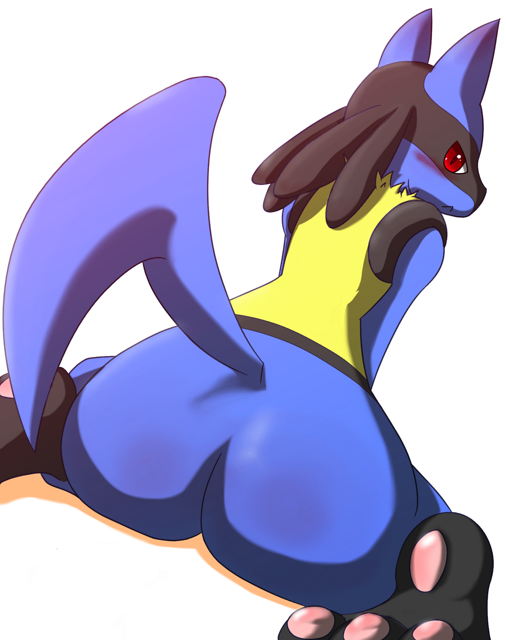 :&lt; ambiguous_gender anthro barefoot big_butt blush butt butt_blush canine dolpix frown fur hi_res jackal looking_at_viewer looking_back lucario mammal nintendo nude pawpads paws pok&#233;mon pok&eacute;mon presenting presenting_hindquarters sitting solo unknown_artist video_games