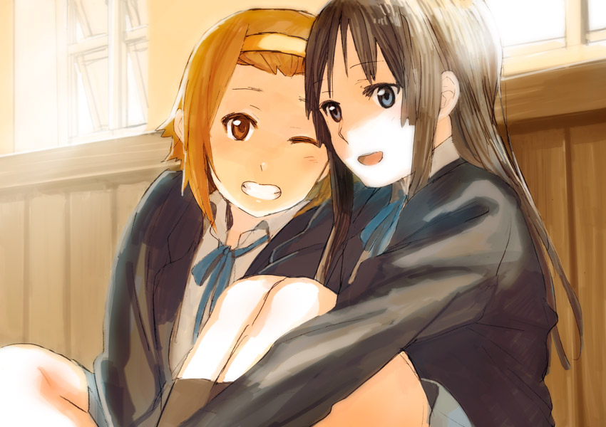 akiyama_mio black_hair blue_eyes brown_eyes brown_hair fukutarou_(enji127) grin hairband k-on! long_hair multiple_girls one_eye_closed sakuragaoka_high_school_uniform school_uniform smile tainaka_ritsu