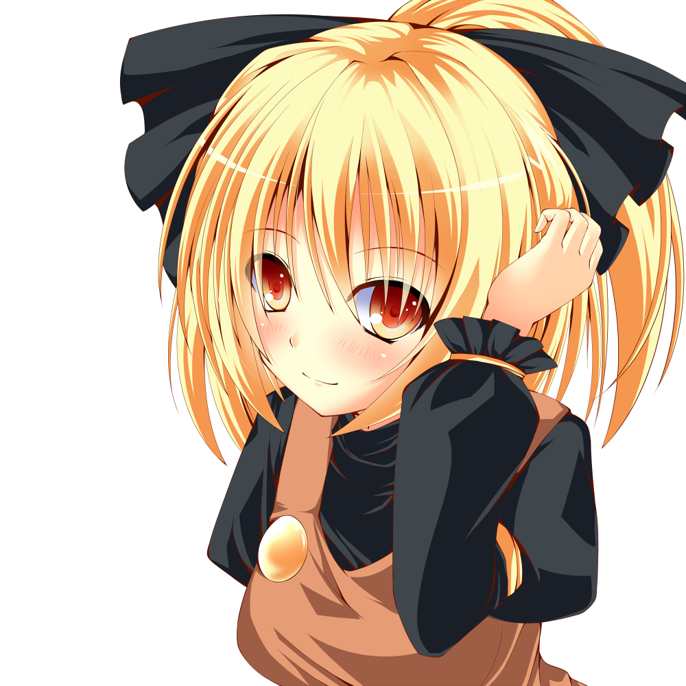blonde_hair bow breasts fukatsuki_yoyori hair_bow hand_on_own_head high_collar juliet_sleeves kurodani_yamame light_smile long_sleeves looking_at_viewer medium_breasts ponytail puffy_sleeves short_hair simple_background solo touhou upper_body vest white_background yellow_eyes