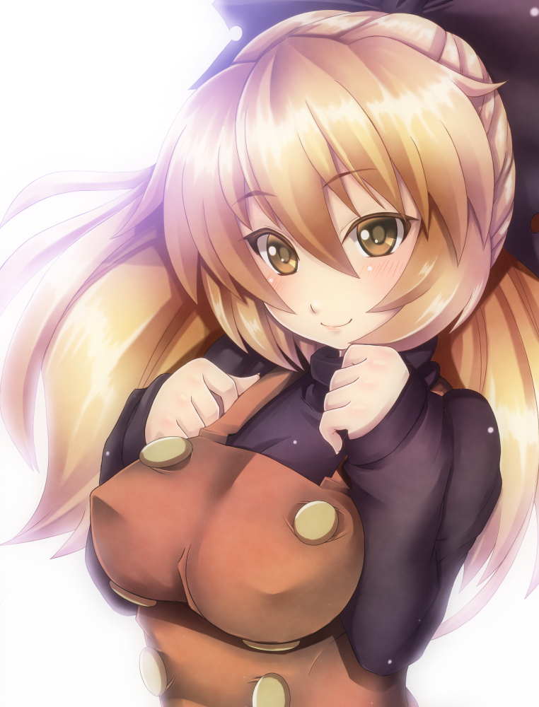 blonde_hair blush bow breasts covered_nipples ebi_193 hair_bow kurodani_yamame large_breasts long_hair looking_at_viewer ponytail smile solo touhou