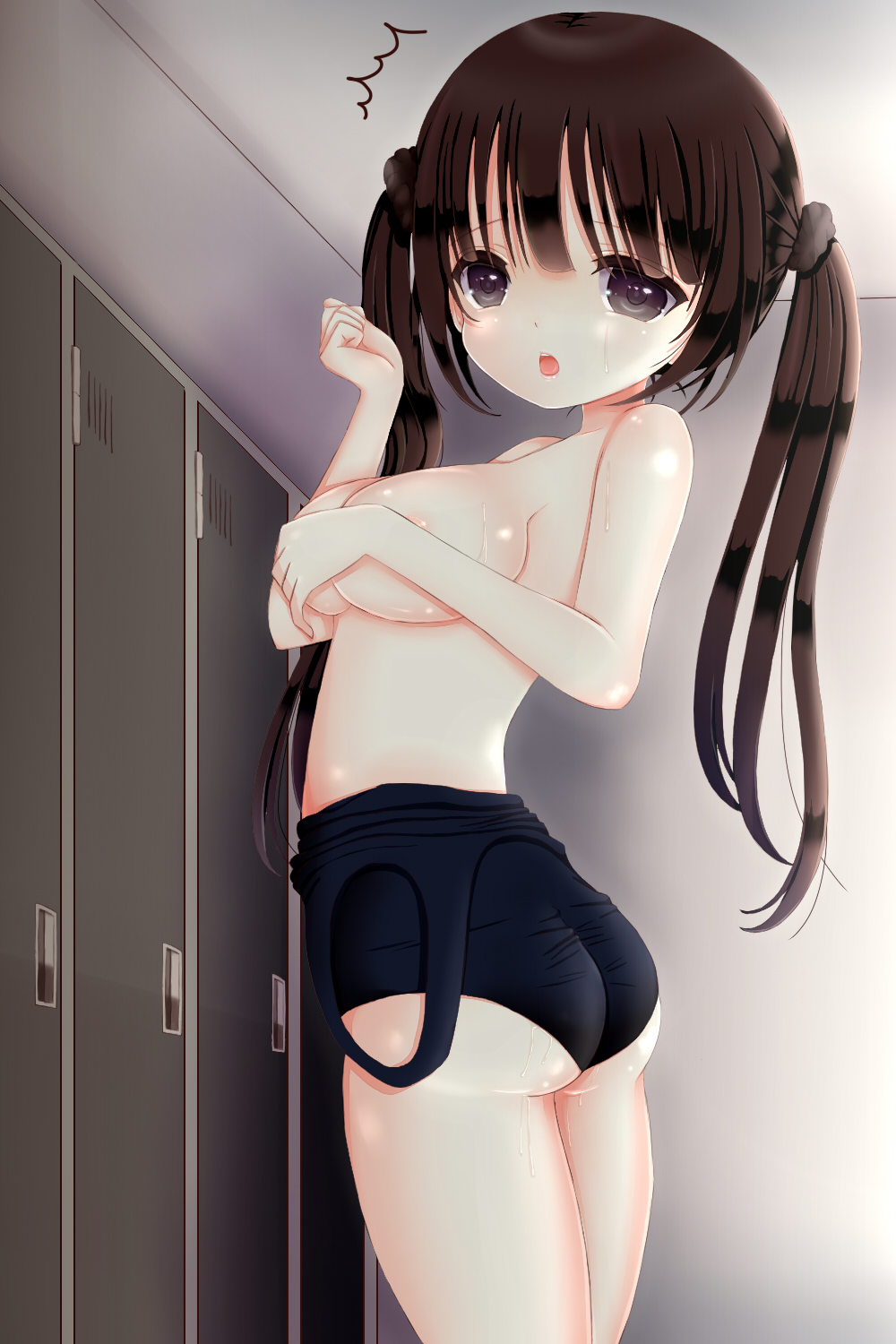 1girl black_eyes breasts brown_hair covering covering_breasts covering_self female half-dressed large_breasts locker locker_room lockers looking_at_viewer one-piece_swimsuit solo swimsuit swimsuit_pull topless twintails