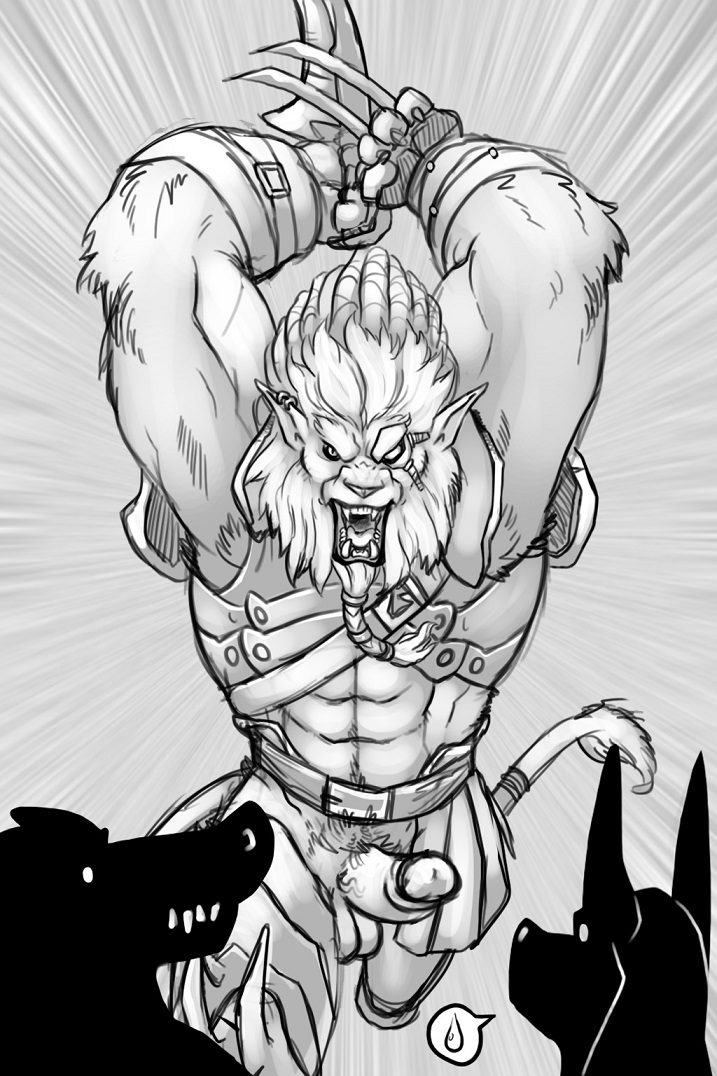 abs anubian_jackal armor armpit_hair armpits badcoyote balls biceps big_penis brothers canine claws crocodile erection fangs feline fur gay hair jackal league_of_legends lion male mammal muscles nasus open_mouth penis renekton rengar reptile scalie sibling toned video_games weapon white_lion